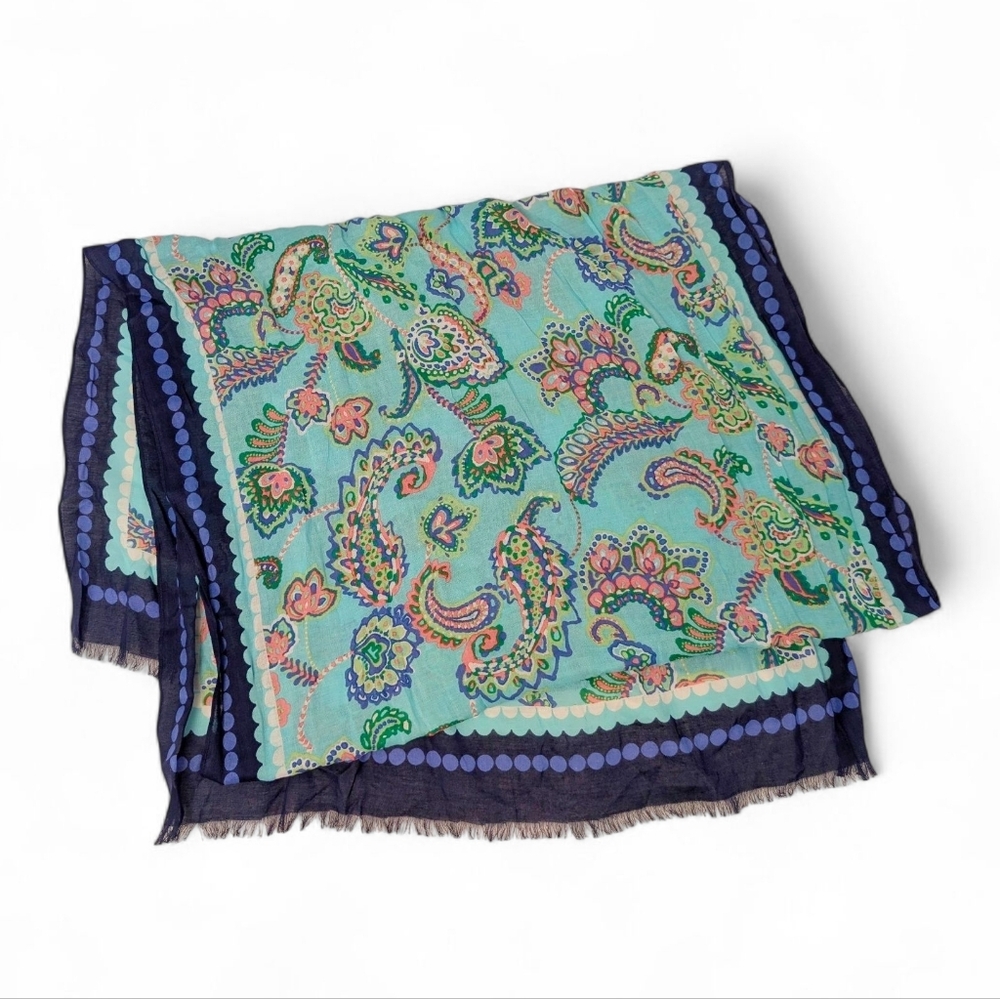 TALBOTS Colorful Oblong Floral Scarf Navy Blue Aqua Green Coral Pink 72x27 New - Picture 5 of 12